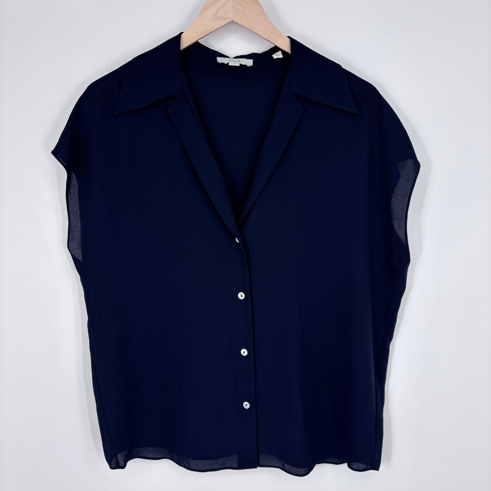 Vince Cap Sleeve Button Front Blouse Women Medium Navy Blue Chiffon Minimalist